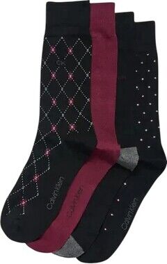 Calvin Klein Crew Dress Socks Mens 4 Pairs Black Argyle Dot Solid Cotton